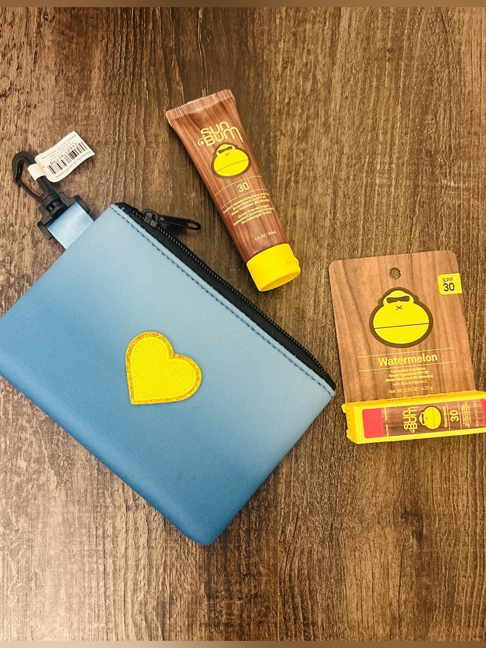 Sun Bum 30 SPF Lotion & Watermelon Lip Balm in Blue Neoprene Heart Zip Pouch